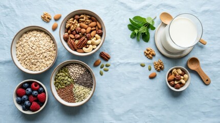 Assorted nuts, seeds and oats beside a glass of milk on light blue background, healthy food choices, natural nutrition concept, neat flat lay styling, fresh daylight, realistic food detail, no logos