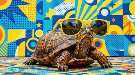 Turtle in striking sunglasses against blue and yellow pop-art backdrop, humorous editorial animal portrait with bold retro flair and vibrant modern styling, realistic detail, no logos