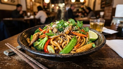 Delicious Asian noodle stir fry with vegetables and sesame seeds, flavorful takeaway meal, colorful noodles with fresh ingredients, appetizing bowl, rich texture, warm food lighting, no logos