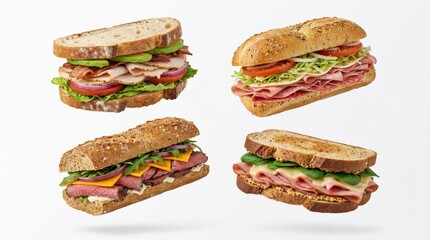 Four deli sandwiches floating against a white background, fresh lunch assortment with clean minimal styling and appetizing texture, realistic detail, no logos