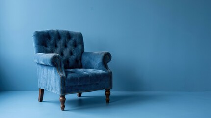 Classic blue armchair on blue background, vintage furniture concept with clean monochrome styling and copy space, realistic detail, no logos