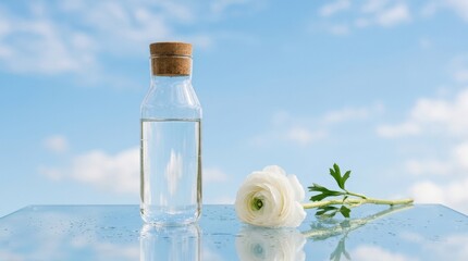 Bottle and flower reflected in blue sky background, minimalist beauty or beverage concept, airy composition, soft light, realistic detail, no logos