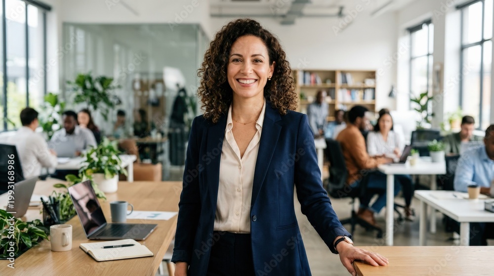 © Влада Яковенко - Confident smiling woman with curly hair in a professional setting, modern business portrait with approachable expression and workplace atmosphere, polished corporate lifestyle image, soft natural © Влада Яковенко - Confident smiling woman with curly hair in a professional setting, modern business portrait with approachable expression and workplace atmosphere, polished corporate lifestyle image, soft natural