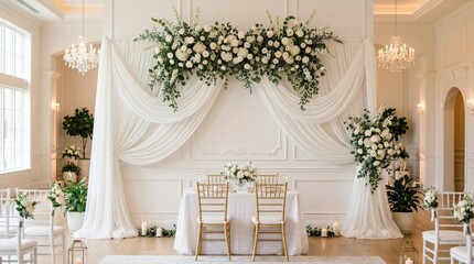 Elegant white wall decoration with floral arrangements and soft drapery, wedding or event backdrop, bright refined interior styling, no logos