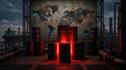 Oil barrels glowing red over abstract world map, global energy market concept, industrial resources and geopolitics theme, dramatic lighting, realistic detail, no logos