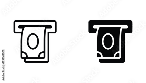 Banknote entering atm slot icon in outline and solid style representing financial withdrawal and cash transaction process for banking app interface design elements on white background
