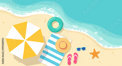 Tropical beach summer background vector, top view sandy shore with yellow umbrella and blue ocean waves, vacation travel concept with beach accessories
