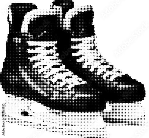 Halftone vector dotted retro grunge ice skates with vintage black and white pattern