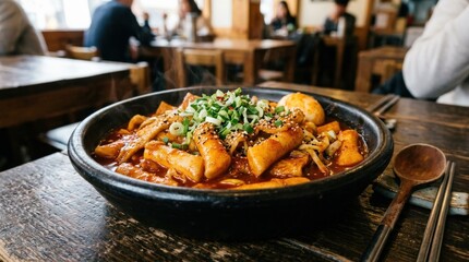Black bowl of Korean rice cakes topped with green onions, savory Asian comfort food close up with rich sauce and appetizing texture, realistic detail, no logos
