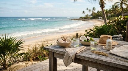 Wooden table overlooking a serene beach with gentle waves, blurred tropical background and relaxed vacation mood, coastal product display setting, natural light, realistic detail, no logos