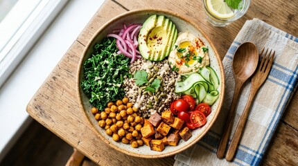 Nutritious Buddha bowl with quinoa, kale, and roasted chickpeas, healthy vegetarian meal with fresh colorful ingredients, balanced nutrition concept, top view serving, bright natural light, no logos