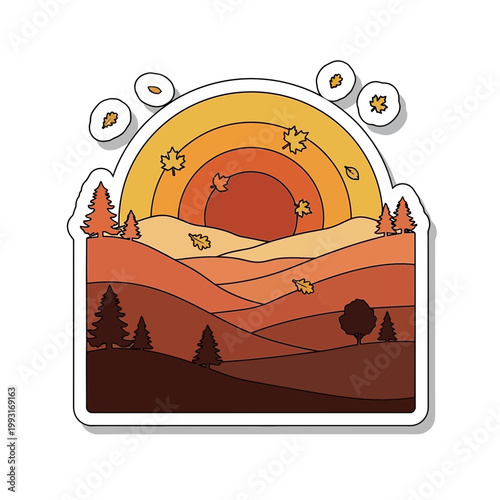 Autumn landscape sticker design with falling maple leaves over forest hills and sunset sun in vintage flat vector style for seasonal digital marketing projects