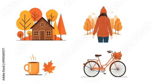Flat design vector illustration of autumn season lifestyle elements including cozy home and bicycle in warm fall woods