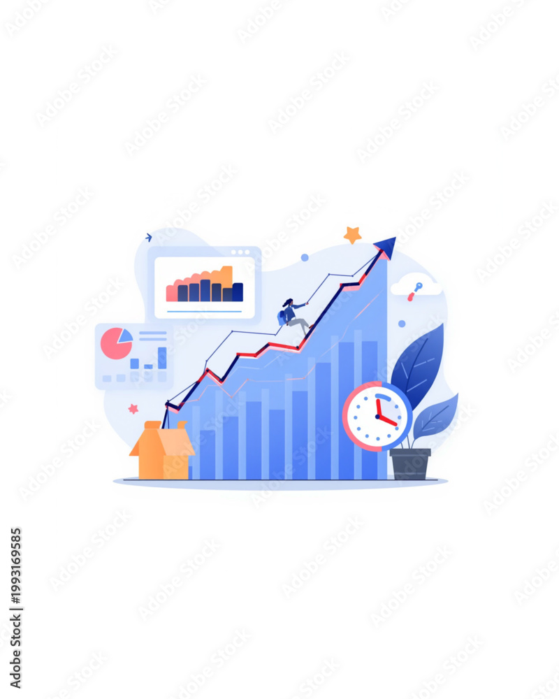 Obraz premium Business growth, success, and finance icons, vector illustration, blue and orange colors, infographic elements, stock market, investment, and statistics symbols