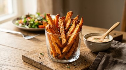 Sweet potato fries in transparent glass, crispy side dish, healthy snack concept, warm appetizing presentation, realistic detail, no logos