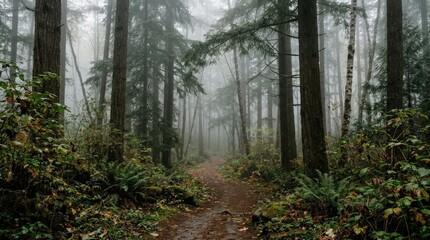 Misty forest with tall trees and undergrowth on foggy day, atmospheric woodland landscape with soft mystery and serene natural depth, realistic detail, no logos
