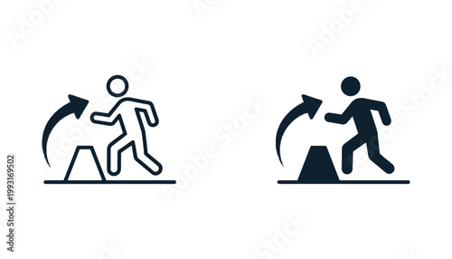 Overcoming obstacles and success progression icon set showing human figure jumping over barrier with arrow in outline and solid black for self-improvement and business growth