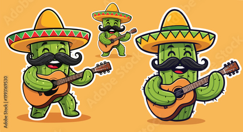 Mexican cactus character with sombrero and guitar, cartoon mariachi cactus musician vector, funny desert plant mascot for Cinco de Mayo celebration
