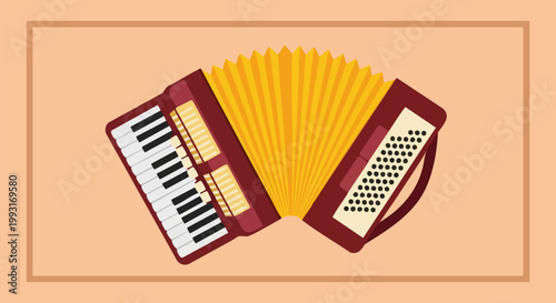 Vintage accordion musical instrument vector illustration, classical squeeze box with yellow bellows, traditional folk music equipment on tan background