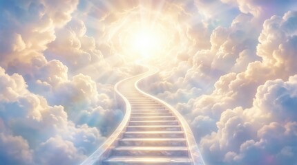 Ethereal stairway through clouds toward bright divine light, heavenly spiritual scene with peaceful glowing atmosphere and soft depth, no logos