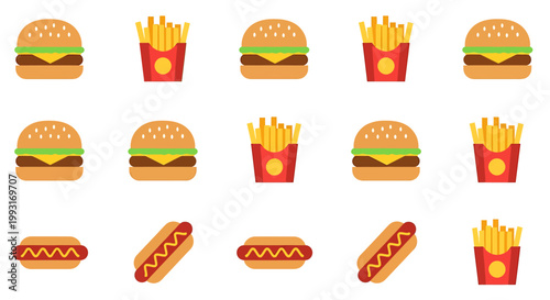 Delicious fast food assortment featuring burgers, fries, and hot dogs.