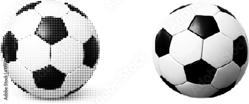 Halftone vector dotted retro soccer ball grunge design with modern contrast