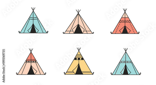 Colorful teepees illustration, diverse designs, vibrant outdoor camping tents, artistic tribal dwellings.