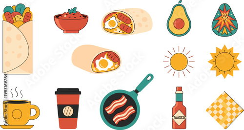 Breakfast Burrito and Morning Tex-Mex Vector Icon Set Featuring Egg and Sausage Burritos, Sliced Avocado, Sizzling Bacon, Hot Sauce, Coffee, and Sun Symbols