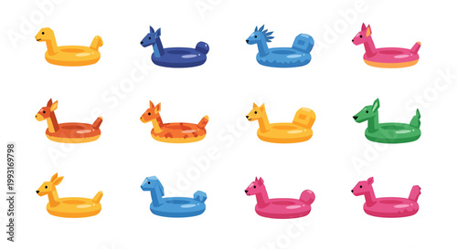 Colorful inflatable pool floats in various animal shapes, perfect for summer fun and water activities.
