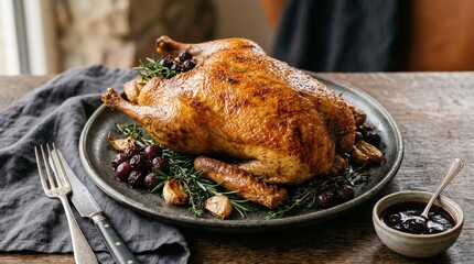 Whole roasted duck with crispy golden skin, gourmet poultry dish in a clean studio food presentation, rich texture and appetizing roasted finish, warm controlled lighting, realistic detail, no logos