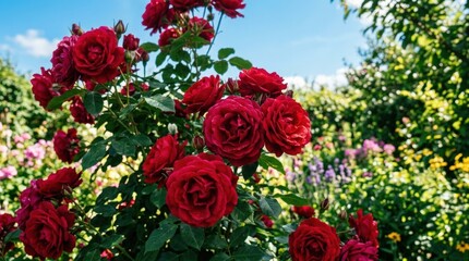 Beautiful red roses in full bloom in a summer garden against blue sky, floral nature background, romantic seasonal beauty, no logos