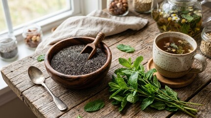 Black chia seeds in a wooden bowl with fresh mint leaves and herbal tea on a rustic wooden table, superfood wellness nutrition concept, natural light, realistic detail, no logos