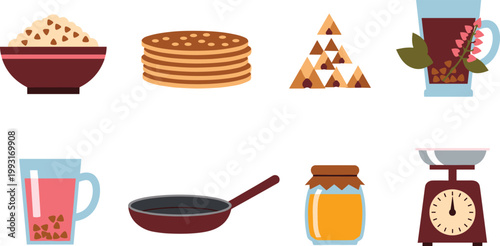 Buckwheat Superfood and Breakfast Vector Icon Set Featuring Buckwheat Groats, Pancakes, Soba Buckwheat Tea, Honey Jar, Frying Pan, and Kitchen Scale