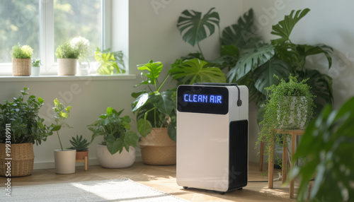 There is a small air purifier sitting on the floor next to some potted plants