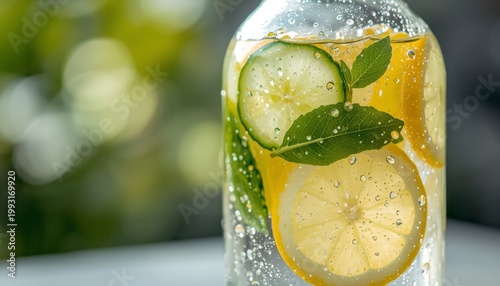 Lemon and cucumber in a jar of water on a table