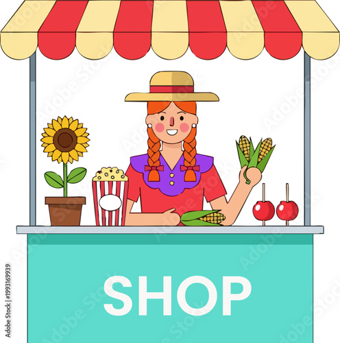 Flat vector illustration of a farm shop stall, female farmer selling corn and popcorn at a market booth, country fair harvest festival stand