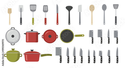 Collection of various kitchen utensils and cookware for cooking and food preparation.