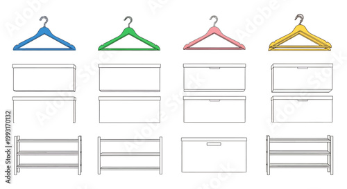 Colorful clothes hangers and storage units for organizing clothes and shoes, minimalist design.