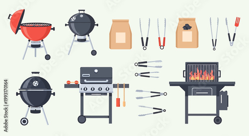 Collection of various barbecue grills and grilling tools for outdoor cooking and summer activities.