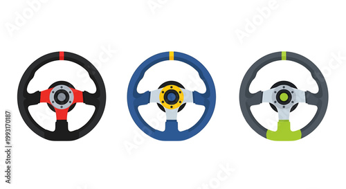 Three colorful racing car steering wheels in a row, isolated on white background.