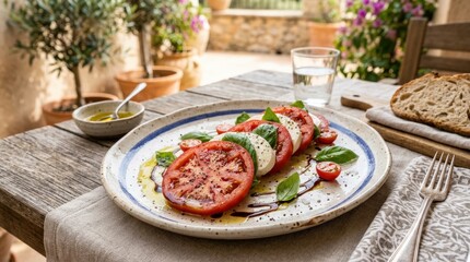 Salad with tomato and fresh mozzarella, Mediterranean appetizer, colorful caprese-style dish, fresh ingredients, natural light, no logos