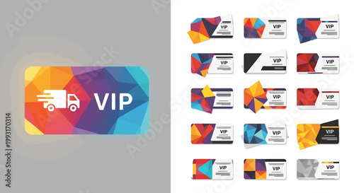 Colorful VIP badge with a delivery truck icon and geometric design.