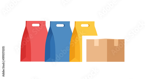 Colorful paper bags and cardboard box for delivery and packaging.