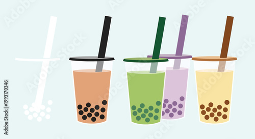 Colorful bubble tea drinks with straws, a refreshing beverage concept.