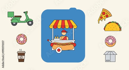 Colorful food cart with various food items and delivery scooter.