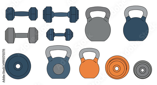 Collection of various gym equipment for fitness and strength training exercises.