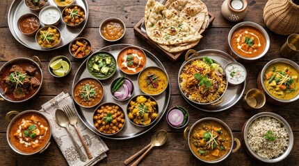 Variety of Indian dishes on a wooden table, rich traditional cuisine spread, colorful spices and curries, overhead restaurant-style presentation, realistic food detail, no logos