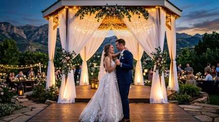 Romantic wedding couple dancing under an elegant white curtained gazebo at twilight, string lights and mountain landscape creating a dreamy celebration scene, realistic detail, no logos