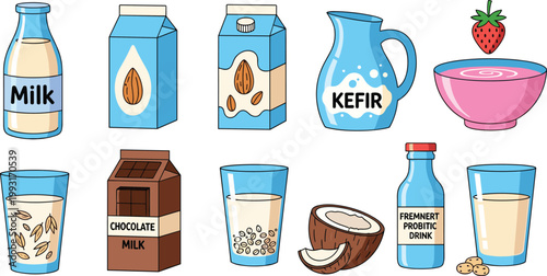 Dairy and Plant-Based Milk Alternative Vector Icon Set Featuring Almond Milk, Oat Milk, Kefir Pitcher, Coconut Milk, Chocolate Milk, Probiotic Drink, and Strawberry Yogurt