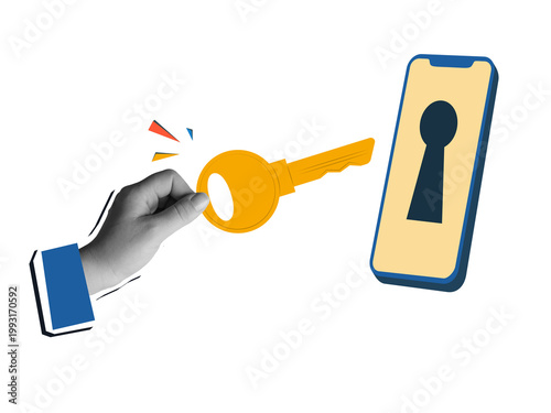 Cybersecurity concept: A hand holding a key to a phone with a keyhole on the screen. Modern collage style. Illustration on a transparent background
